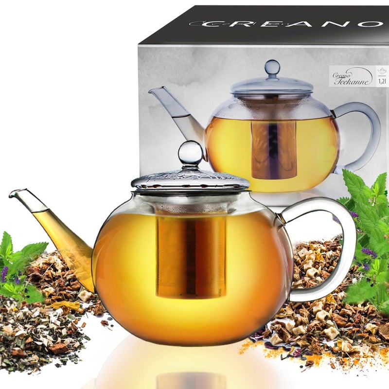 Creano glass teapot 40 oz (1200ml), tea maker with integrated stainless steel infuser and glass lid, ideal for preparing loose teas, drip-free, all-in-one - Image 1